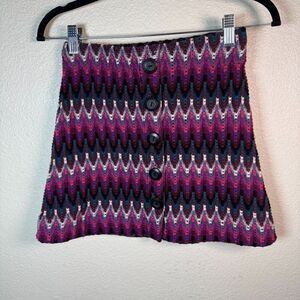 Free People Mini Chevron Knit Skirt Purple Button Front Stretch Boho Retro Sz S